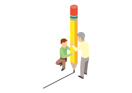 Ilustración de un hombre adulto y un niño sosteniendo un lápiz del tamaño de los personajes para el programa de Arquitectura de la Universidad de Ibagué